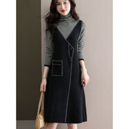 皮爾卡丹配大衣連衣裙女秋冬中長(cháng)款針織衫假兩件毛衣裙寬松內搭打底羊毛裙 黑色 2XL 建議125-135斤