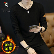 啄木鳥(niǎo)（TUCANO）長(cháng)袖T恤男V領(lǐng)秋衣秋裝加絨保暖衣服冬季男裝秋季衛衣鏤空潮打底衫 F012 黑色 加絨 XL (115-130斤)