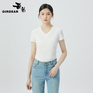 哥弟女裝百搭V領(lǐng)側(cè)邊收褶設(shè)計(jì)莫代爾棉短袖T恤女1300888 白 XL (5碼)