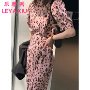 樂(lè )雅秀2025新款粉色圓領(lǐng)系帶豹紋泡泡袖連衣裙夏收腰顯瘦氣質(zhì)開(kāi)叉長(cháng)裙潮 圖片色 S （80~95斤）