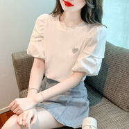 MODX香港女裝新2024女裝愛心亮片泡泡袖白色上衣寬松圓領(lǐng)短袖 白色短袖T 2碼/S碼