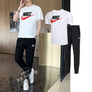 耐克（NIKE）休閑男裝套裝夏新款舒適透氣大LOGO寬松短袖T恤收口長褲兩件套 AR5005-100+FN3802-010 XL/180