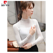 皮爾卡丹（pierre cardin）2021秋季新款內搭半高領蕾絲網紗打底衫長袖T恤歐洲站歐貨小衫 白色【拼接高領】 S