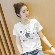 纖蕓沐短袖t恤女純棉夏季女裝寬松休閑短袖時尚國風半袖百搭體恤衫女 白色（星星）常規(guī)短袖 L