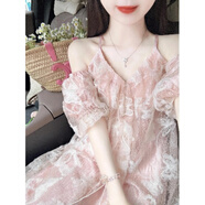 燕潯蝴蝶印花吊帶連衣裙女夏2025粉色露肩寬松顯瘦小個子超仙氣質(zhì)長裙 粉色 M