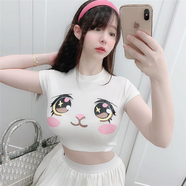 大眼睛衣服皮卡丘夏動(dòng)漫美少女可愛卡通短袖t恤女高腰緊身顯胸 粉眼睛 M