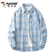 啄木鳥(niǎo)港風(fēng)格子襯衫春夏季男士長(cháng)袖韓版寬松外套休閑學(xué)生情侶裝潮流襯衣 淺藍 XL