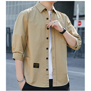 JEEP SPIRIT春秋季襯衫男韓版純色牛仔工裝長(cháng)袖帥氣寬松外套休閑襯衣夾克痞帥 5007七分袖卡其色 M 100斤左右