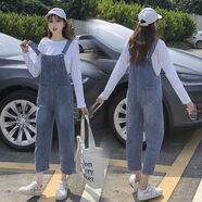 梵闋背帶褲女新款胖MM春秋國潮減齡寬松高腰顯瘦直筒連體牛仔九分褲女 淺藍色 2XL -建議130-140斤