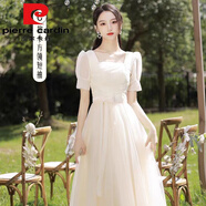皮爾卡丹伴娘服香檳色2025新款平時可穿小眾長款顯瘦長袖晚禮服裙女 香檳色短/袖 中長C款小方領(lǐng) M
