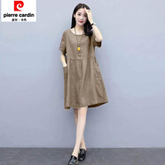 皮爾卡丹棉麻連衣裙女夏2025年新款短袖媽m媽裝大尺碼寬松顯瘦遮肚 卡其色 XL 建議 119-132斤