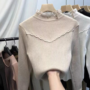 香影芬半高領(lǐng)打底衫女秋冬中領(lǐng)內搭蕾絲時(shí)尚毛衣木耳邊針織法式別致上衣 燕麥色 S (建議95斤以?xún)?