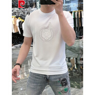 皮爾卡丹男士歐版燙鉆冰絲短袖T恤夏季新款韓版圓領(lǐng)修身潮流體恤半袖上衣 旗艦官方-75007白色-國際品牌 3XL 165-180斤-國際品牌