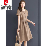 皮爾卡丹（pierre cardin）十三行棉麻連衣裙女2025年夏季新品中年母親時尚洋氣亞麻苧麻裙子 卡其色【卡其色連衣裙】 M【88-105斤】