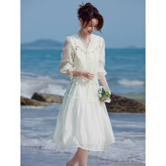 蘇醒的樂(lè )園秋季溫柔風(fēng)森女吊帶背心A字連衣裙兩件套休閑套裝女 米白色 S