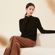 春竹100%綿羊毛半高領(lǐng)簡(jiǎn)約打底衫純色女套衫羊毛衫女上衣 黑色 XL 105