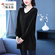 啄木鳥(niǎo)（TUCANO）加肥加大碼春秋V領(lǐng)中長(cháng)款毛衣女胖mm200斤寬松上衣低領(lǐng)針織打底衫 黑色 6XL