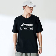 李寧 短袖T恤男款大LOGO休閑上衣寬松透氣短T半袖 黑色B09 XL/180