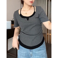妃麗慕尚大碼女裝正肩短袖t恤女夏季2025新款胖mm寬松顯瘦洋氣假兩件上衣 深灰色 3XL