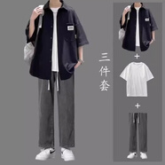 安初夏華夫格短袖t恤男士休閑套裝夏季港風(fēng)痞帥氣衣服男裝穿搭配三件套 黑色外衣+棉白短T+黑灰褲 XL