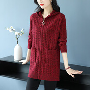 茲奈兒（ZINAIER）連帽麻花毛衣開(kāi)衫春秋中長(cháng)款大碼女裝新款針織加厚外套洋氣 花紅 L（建議體重110-120）