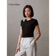 Calvin Klein Jeans夏季女士簡(jiǎn)約ck字母性感辣妹露肩短袖正肩T恤J223338 BEH-太空黑 XS