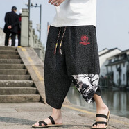 胖優(yōu)米大碼中國風(fēng)休閑褲7七分褲子男加肥加大號寬松刺繡棉麻闊腿褲中褲 黑色 909DK19 L 建議110斤-125斤