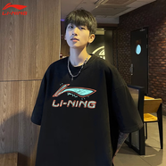 李寧短袖t恤男女同款夏季新品寬松透氣ins風(fēng)情侶款國潮運動(dòng)半袖T恤 黑色(涂鴉大logo) L /175