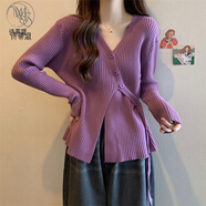 詩(shī)蒂淑韓版不規則斜扣飄帶針織開(kāi)衫女小眾設計感時(shí)尚氣質(zhì)毛衣 香芋紫 XL