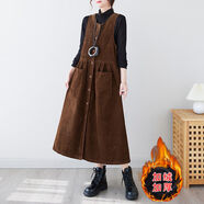 FDPV背心裙秋冬連衣裙中長(cháng)款文藝范新款加絨加厚燈芯絨女寬松復古開(kāi)襟 卡其色加絨款 M 建議98-115斤穿