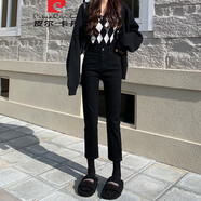 皮爾卡丹（pierre cardin）黑色煙管牛仔褲女秋冬加絨八分顯高彈力修身小個(gè)子顯瘦直筒靴褲xs 黑色九分褲 28