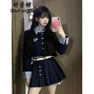 舒芳蝶（shufangdie）連衣裙女秋冬學(xué)院風(fēng)假兩件上衣套裝新款女裝辣妹感百褶短裙兩件套 藏青色外套+半身裙（送腰帶） S