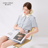 秋水伊人休閑法式娃娃領(lǐng)連衣裙2024夏季新款女裝赫本風(fēng)收腰短裙 淺藍(lán) S