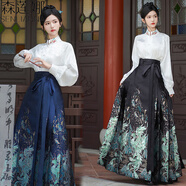 森蓮娜（SENLIANNA）2024年春秋季新款女士馬面裙全套裝襯衫連衣裙小個(gè)子明制漢服衣服 刺繡上衣+藍(lán)色青羽毛織金馬面裙 L (建議：108-118斤)