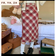 FR.YH.ZH冰冰毛呢格子半身裙女秋冬季新款包臀a字短裙子 紅色格子長款裙 2XL125-140