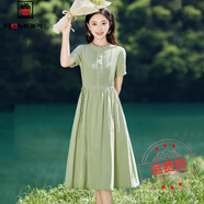 AEMAPE文藝圓領(lǐng)褶皺短袖連衣裙2025年夏季新款時(shí)尚簡(jiǎn)約系帶收腰過(guò)膝長(zhǎng)裙 綠色 3XL