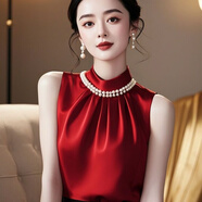 溫萊蔓莎西裝內搭女高級感無(wú)袖打底衫女半高領(lǐng)高端小香風(fēng)緞面背心顯瘦襯衫 酒紅色【衣帶珍珠】 M