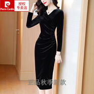皮爾卡丹（pierre cardin）金絲絨長裙秋季新款女裝V領長袖超好看氣質包臀絲絨連衣裙高級感 黑色 M