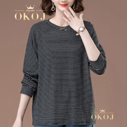 OKOJ品牌定制條紋長袖T恤女春季新款寬松休閑時尚遮肚顯瘦上衣 黑灰條 3XL