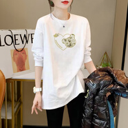 KU WONEY品牌女裝灰色遮屁中長(cháng)款長(cháng)袖t恤女白色棉圓領(lǐng)上衣23春秋內搭打底 901-150白色 S 適合75-95斤