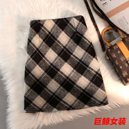 tromlfz磨毛格子半身裙女秋冬季新款小個子冬天配毛/衣百搭包臀a字短裙子 黑格短裙單 L 建議106-115斤