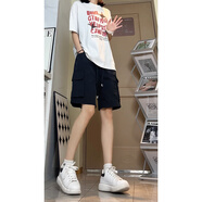 QGF工裝短褲女生夏季新款休閑寬松顯瘦五分褲子速干運(yùn)動(dòng)百搭半截中褲 黑色 L