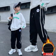 嚕 C童裝男童褲子秋冬季2025新款帥氣中大兒童冬裝男孩運動加絨長褲潮 黑色（加絨） 160