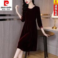 皮爾卡丹（pierre cardin）24年新款復(fù)古紅色金絲絨連衣裙女桑蠶絲秋季長袖裙子喜服國風(fēng) 酒紅色 L