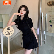 婍妡polo領(lǐng)連衣裙女春夏韓版2025新款抽繩收腰顯瘦甜辣風(fēng)純欲短袖裙子 黑色 S