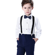 兒童禮服男童馬甲套裝禮服韓版小禮服套裝花童男孩鋼琴演出服男童表演童裝春秋 白長(cháng)袖襯衫+藏藍長(cháng)褲+藍圖案領(lǐng)結+黑背帶 120