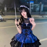 唐努烏愛神洛麗塔lolita公主風特純欲風掛脖吊帶連衣裙短裙蓬蓬裙 桔梗之約黑藍色裙子+拖尾 XL