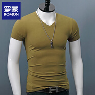 羅蒙（ROMON）短袖t恤男士修身夏季V領(lǐng)緊身體恤透氣運動(dòng)青年薄款純色打底衫 軍綠色 XL 140斤左右穿