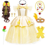 劉潮布女生貝兒公主裙禮服2024兒童美女與野獸萬(wàn)圣節女童蓬蓬裙貝爾表演 E50服裝配件假發(fā)組合套裝 110