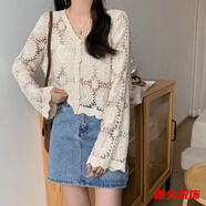 美安嘉鏤空針織衫短款刺繡開衫春夏遮陽上衣小外套長袖氣質(zhì)外搭 杏色-針織衫 輕薄 均碼 -輕薄針織衫